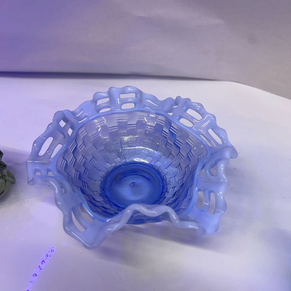 Fenton Blue weaved basket pierced ruffle edge.
